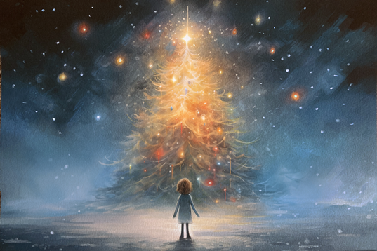 The image from the front of the Steps Christmas Card showing a child gazing up at a magnificent Christmas Tree. Hand drawn by profession artist Darren Murrell